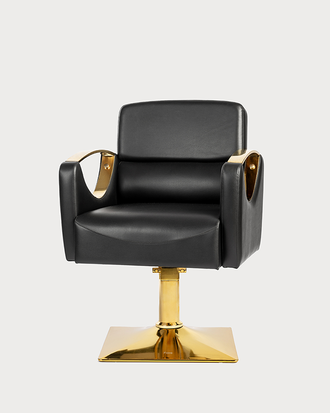 Black Rock salon chair front view with chrome base hydraulic height adjustment and reclining backrest