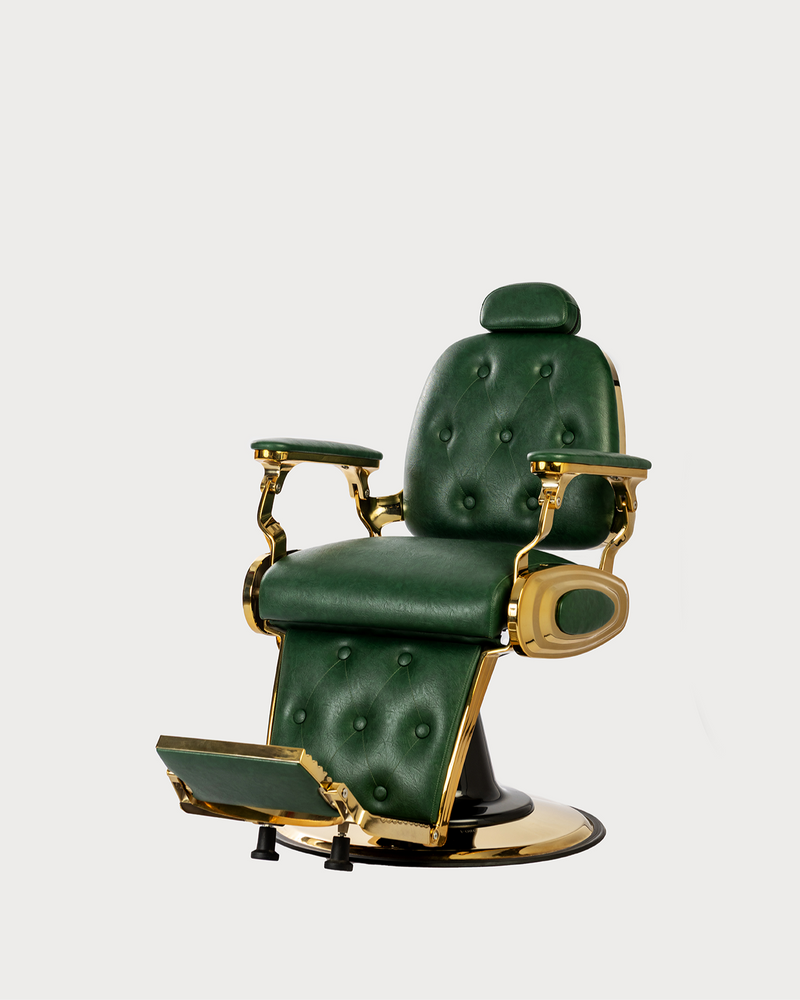 Emerald Ambassador barber chair in green with gold base reclining backrest and footrest