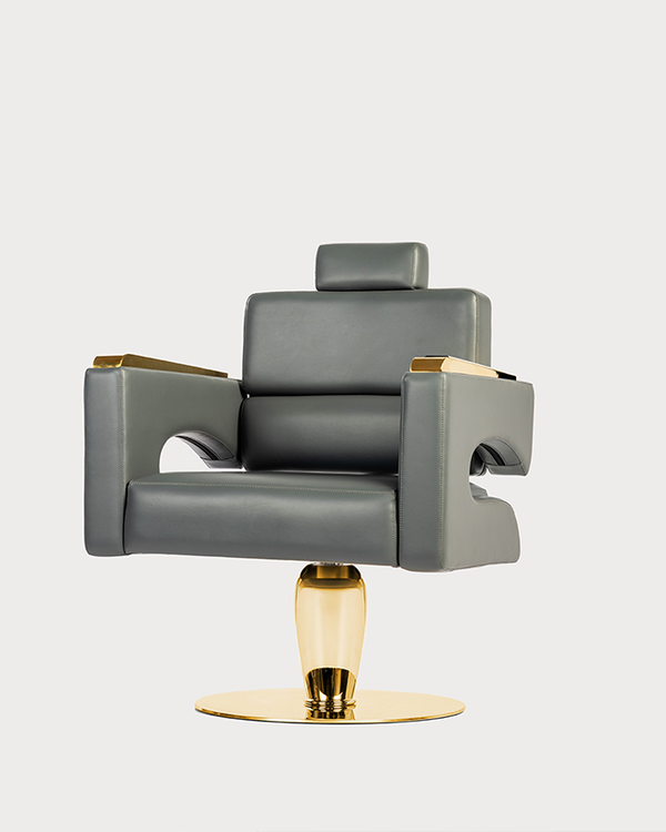 Emma salon chair front view with chrome base hydraulic height adjustment and adjustable headrest