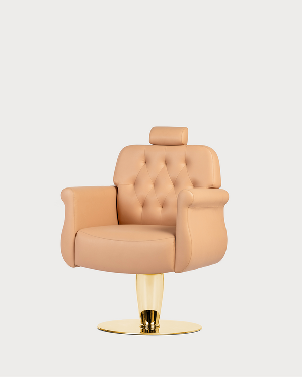Gala luxury salon chair front view with gold base tufted upholstery and adjustable headrest