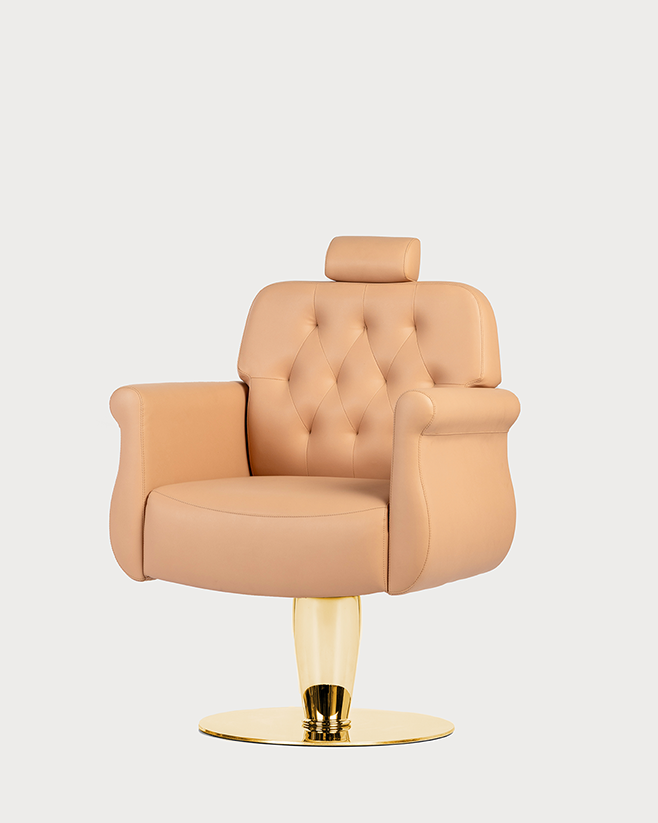 A professional all purpose chair for a salon with customizable beige upholstery, adjustable seat height, superior cushioning, reclining backrest, and elegant chrome base with integrated and removable headrest.