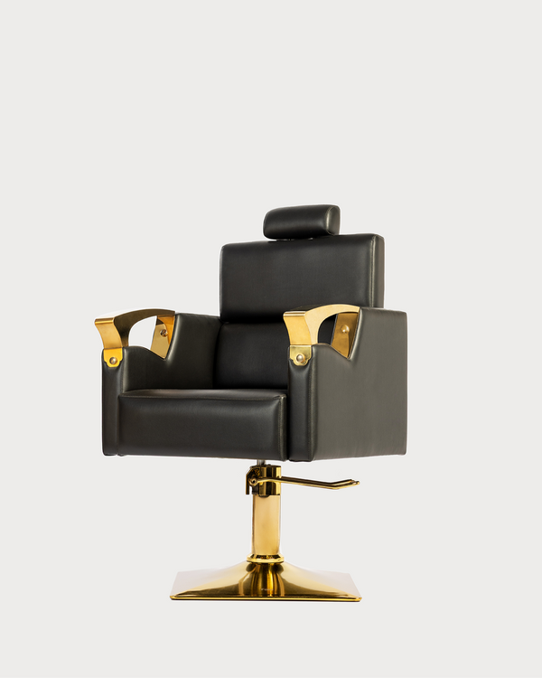 Maxi salon chair front view with chrome base hydraulic height adjustment and adjustable headrest