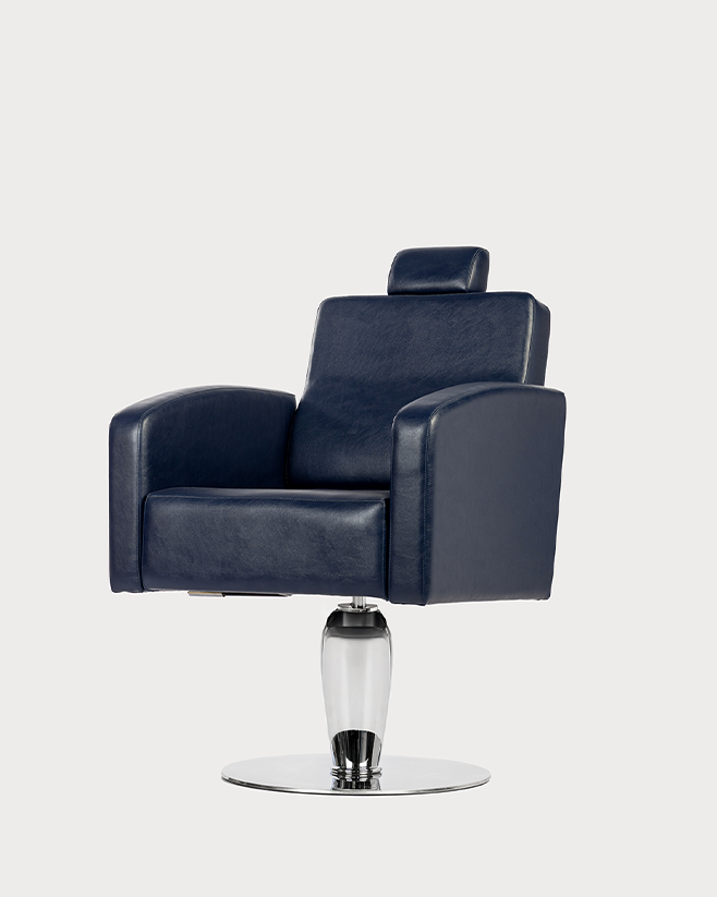 Monte salon chair front view with chrome base hydraulic height adjustment and adjustable headrest