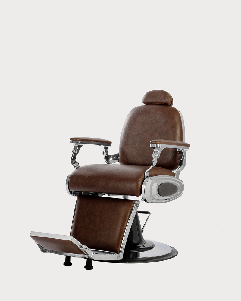 Panther chrome barber chair front view with hydraulic lift and reclining backrest