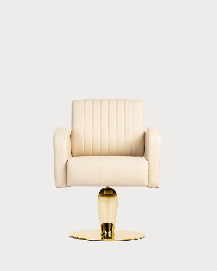 Tulip salon chair front view with chrome base hydraulic height adjustment and cushioned seat