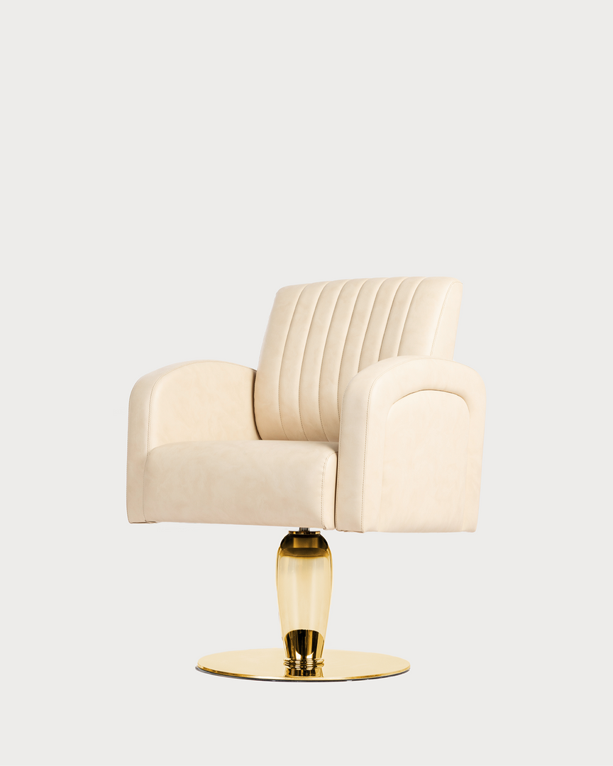 Side view of Tulip salon chair showing reclining backrest cushioning and chrome base